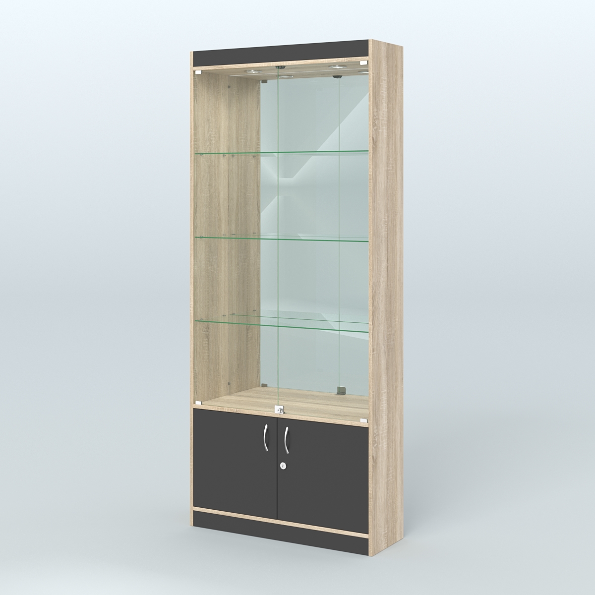 Витрина зеркальная из ДСП с дверками для аптеки №1-300-3 Дуб Сонома + Черный