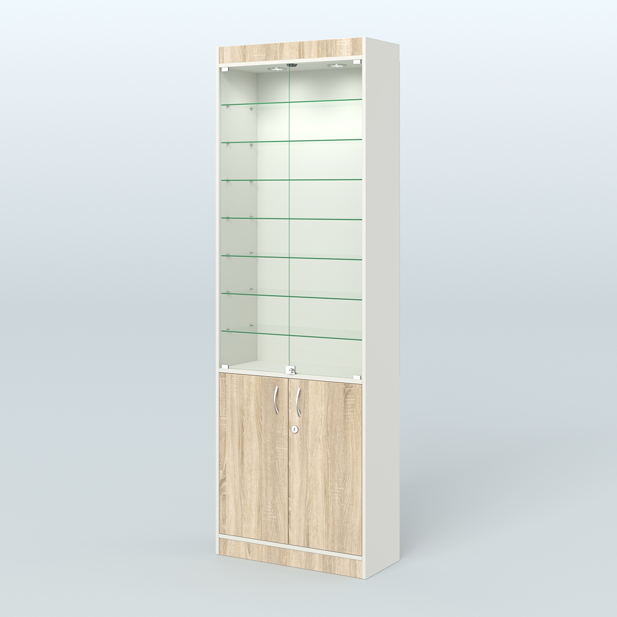 Витрина узкая из ДСП с дверками для аптеки №6-300-1 Белый + Дуб Сонома