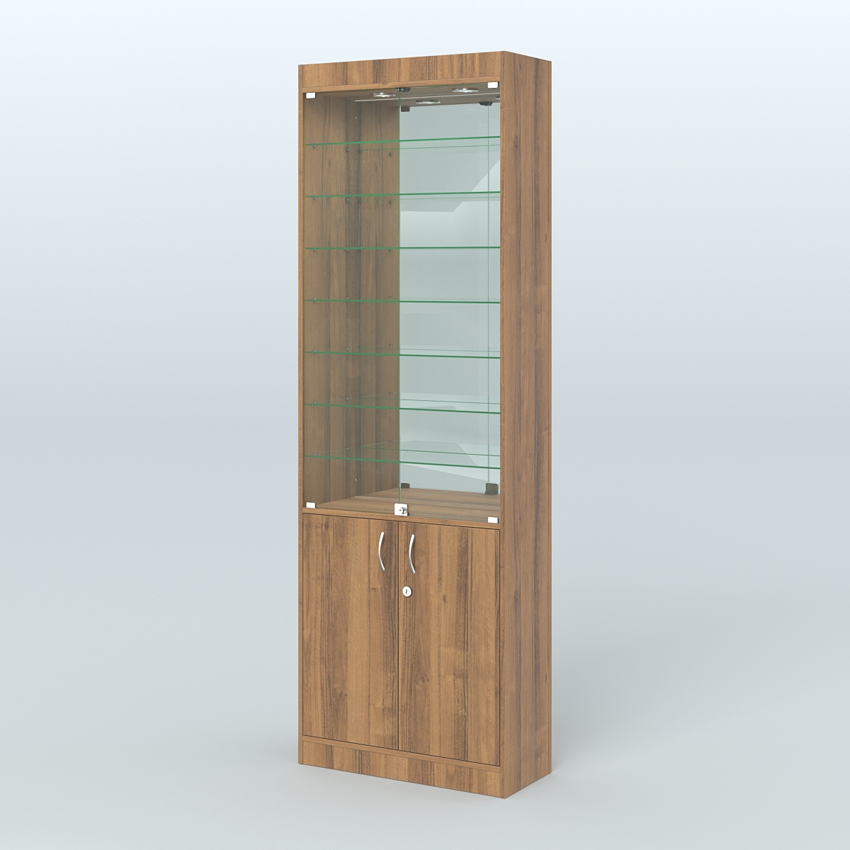 Витрина из ДСП с дверками и узкими полками для аптеки №6-300-3 Орех