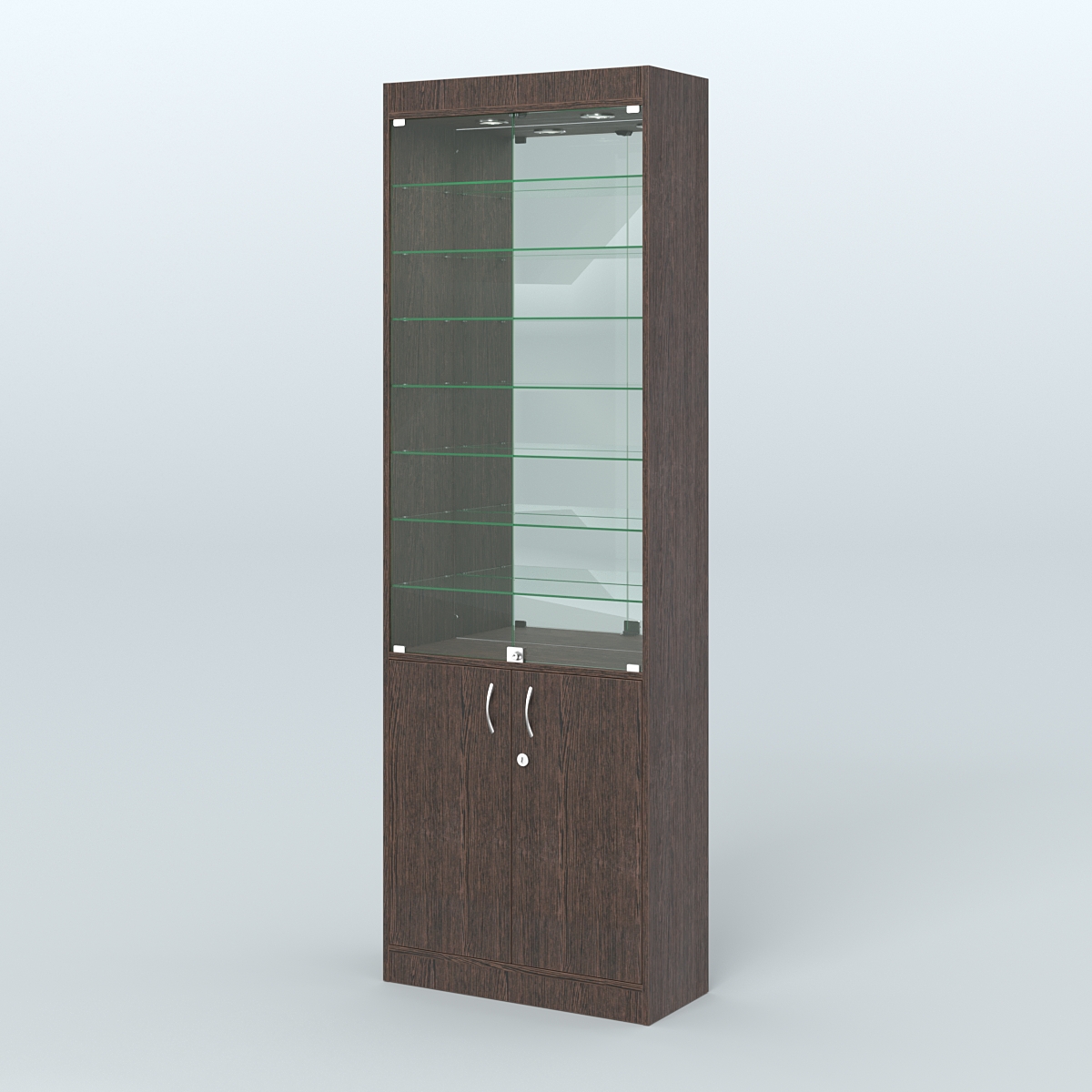 Витрина из ДСП с дверками и узкими полками для аптеки №6-300-3 Дуб Венге