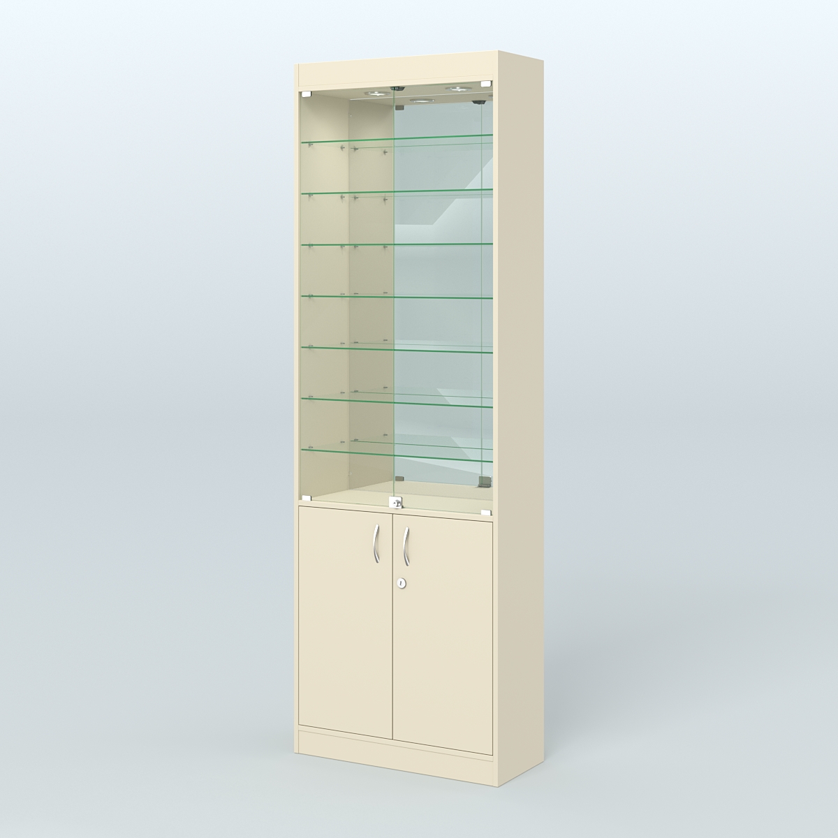 Витрина из ДСП с дверками и узкими полками для аптеки №6-300-3 Крем Вайс