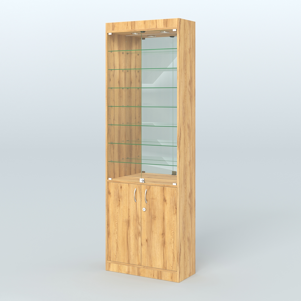 Витрина из ДСП с дверками и узкими полками для аптеки №6-300-3 Дуб Золотистый