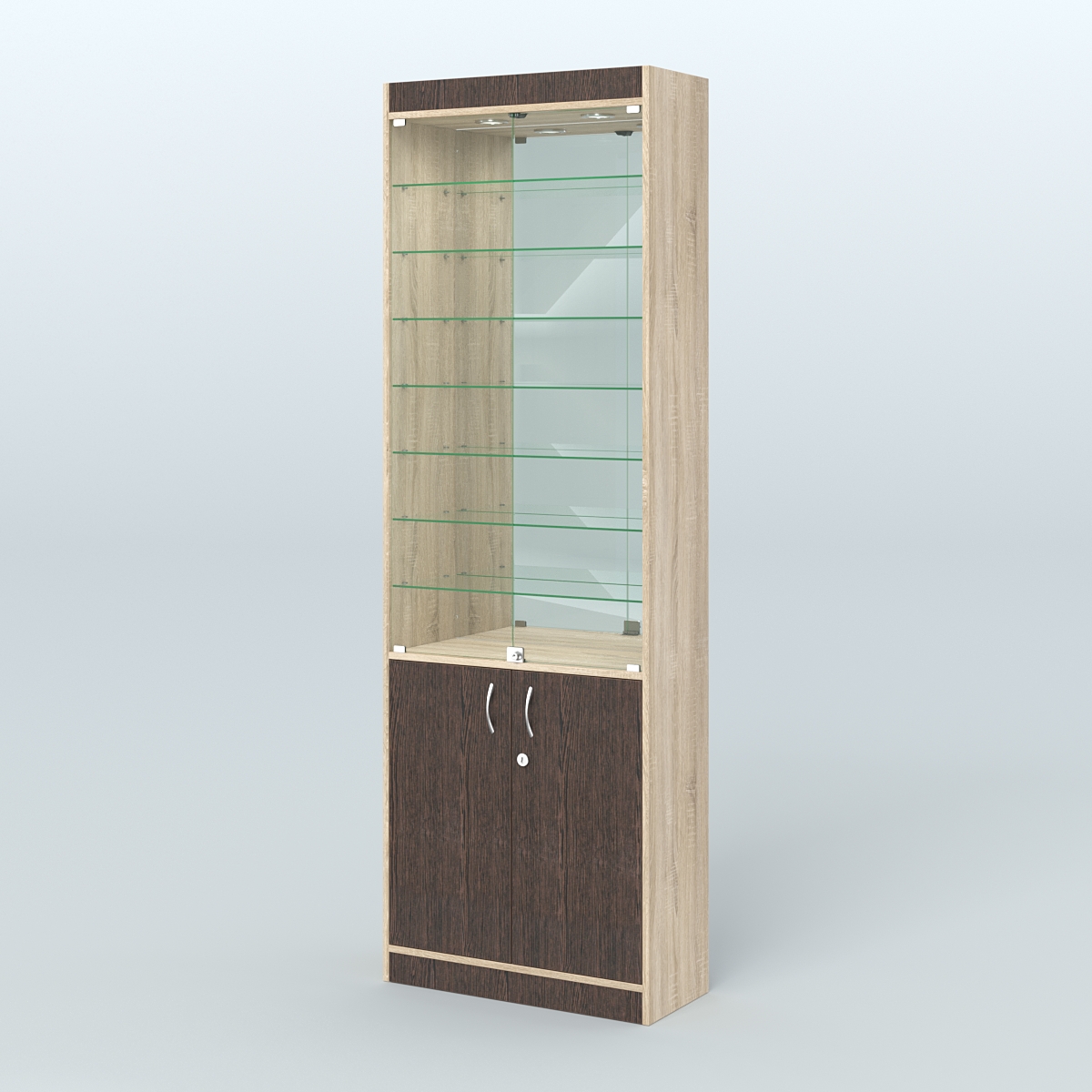 Витрина из ДСП с дверками и узкими полками для аптеки №6-300-3 Дуб Сонома + Дуб Венге