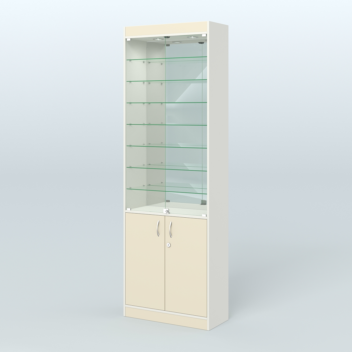 Витрина из ДСП с дверками и узкими полками для аптеки №6-300-3 Белый + Крем Вайс