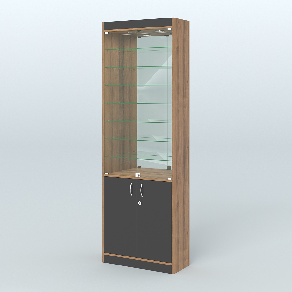 Витрина из ДСП с дверками и узкими полками для аптеки №6-300-3 Орех + Черный