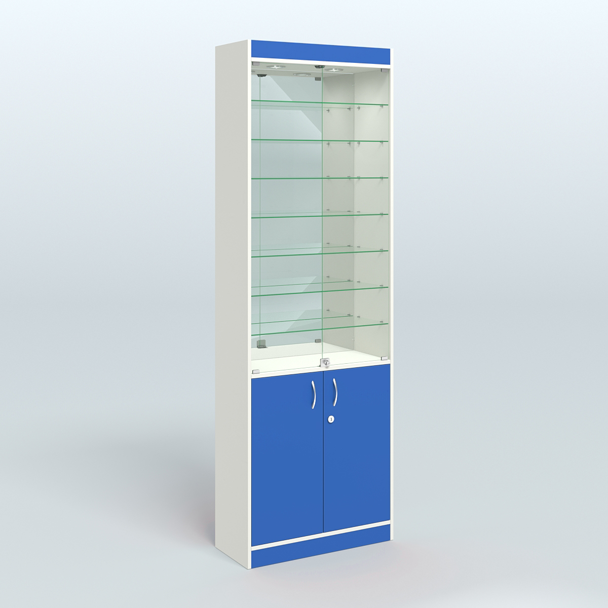 Витрина из ДСП с дверками и узкими полками для аптеки №6-300-3 Белый + Делфт голубой