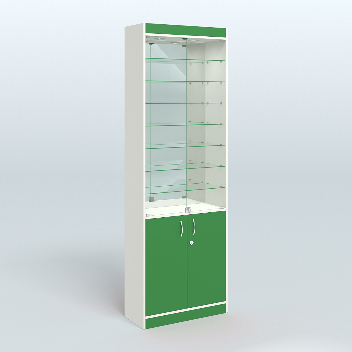 Витрина из ДСП с дверками и узкими полками для аптеки №6-300-3 Белый + Зеленый Оксид 9561 BS