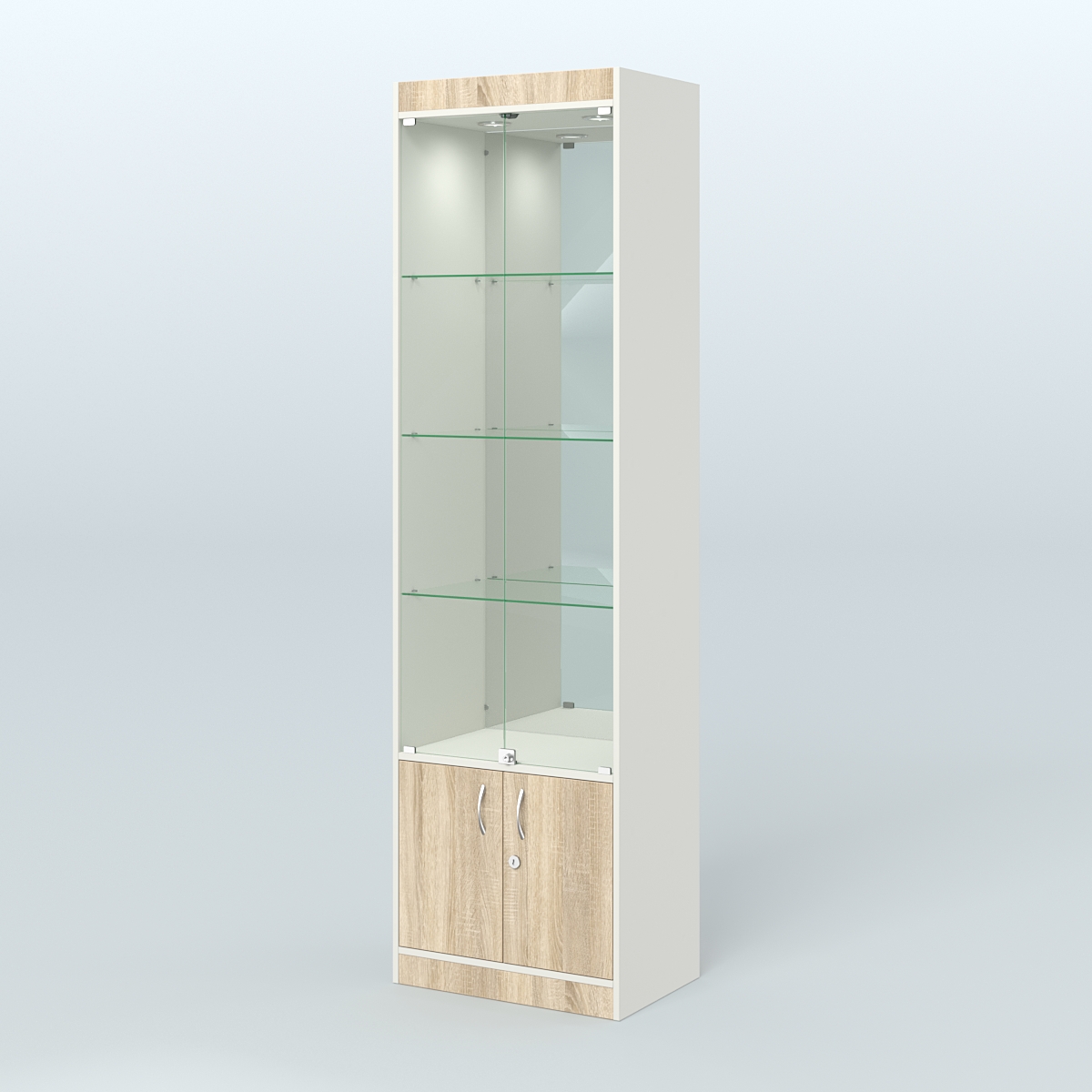 Витрина из ДСП с дверками и зеркалом для аптеки №2-400-3 Белый + Дуб Сонома