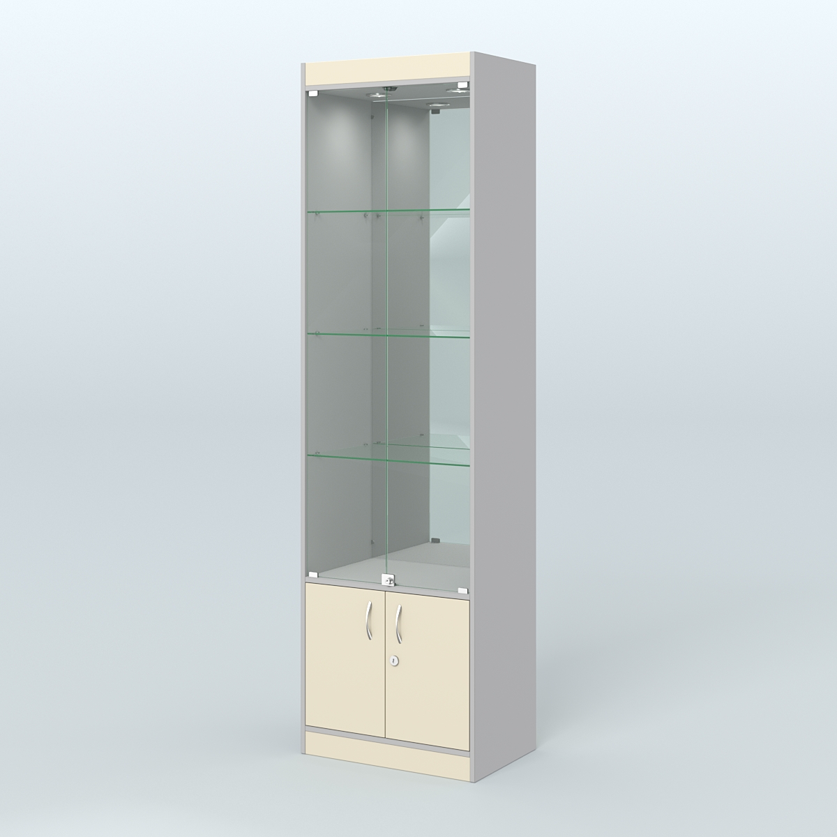 Витрина из ДСП с дверками и зеркалом для аптеки №2-400-3 Серый + Крем Вайс