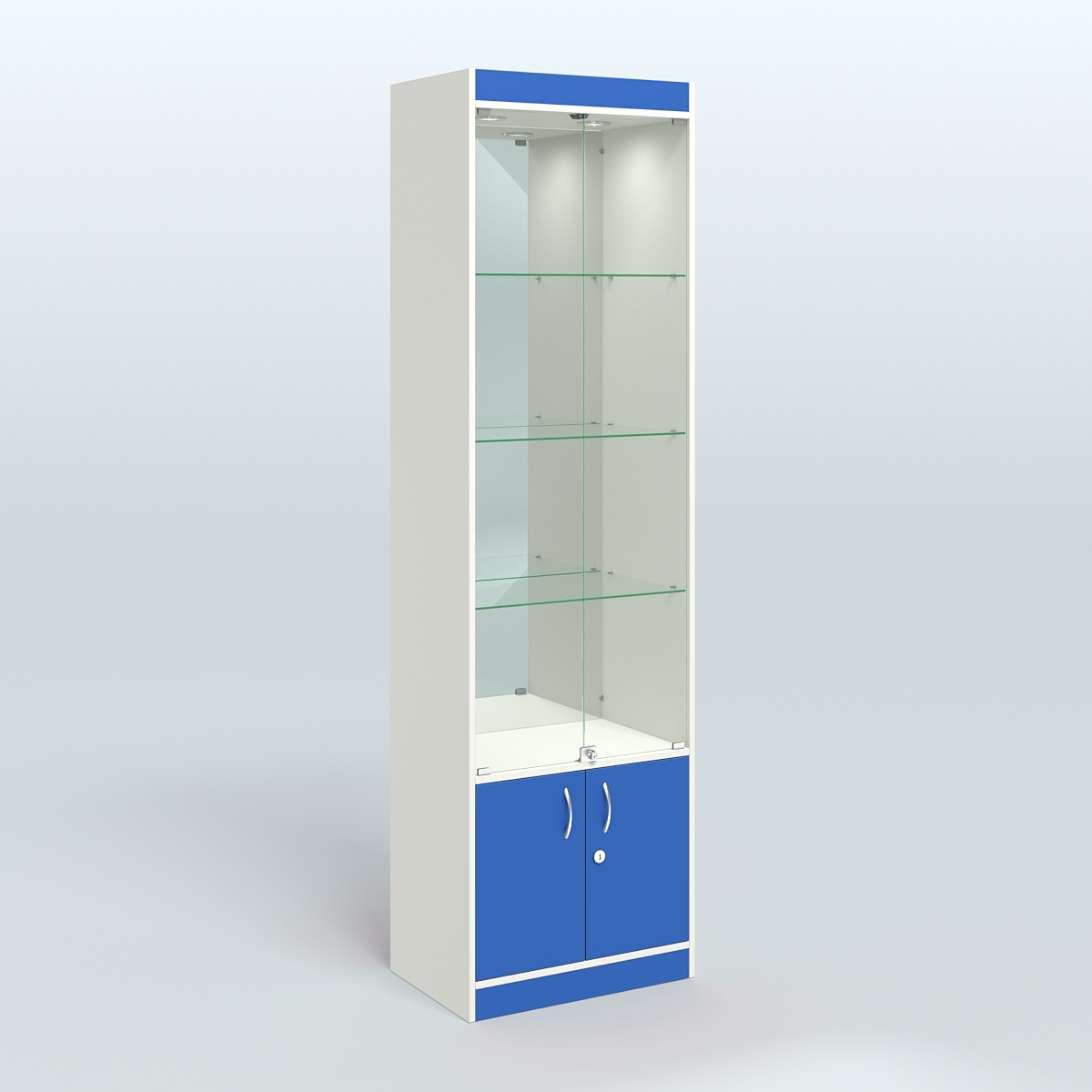 Витрина из ДСП с дверками и зеркалом для аптеки №2-400-3 Белый + Делфт голубой