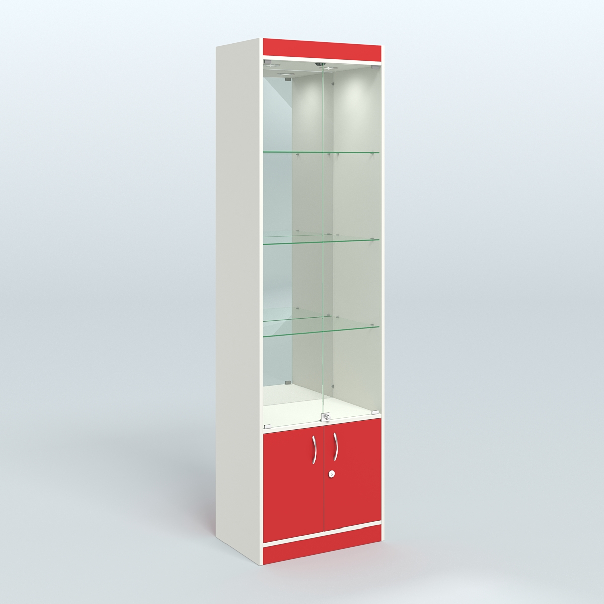 Витрина из ДСП с дверками и зеркалом для аптеки №2-400-3 Белый + Красный