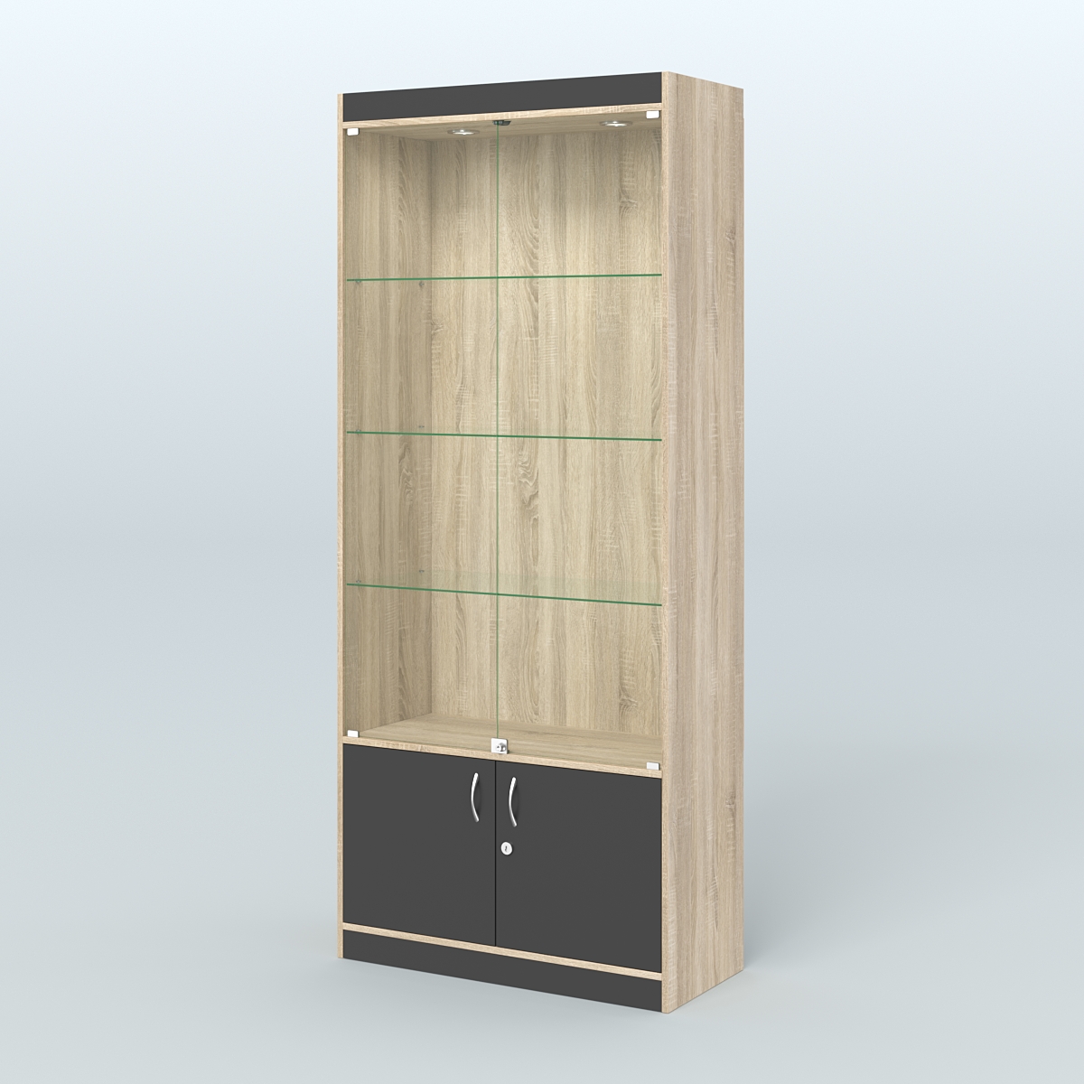 Витрина из ДСП со стеклянными дверками для аптеки №1-400-1 Дуб Сонома + Черный