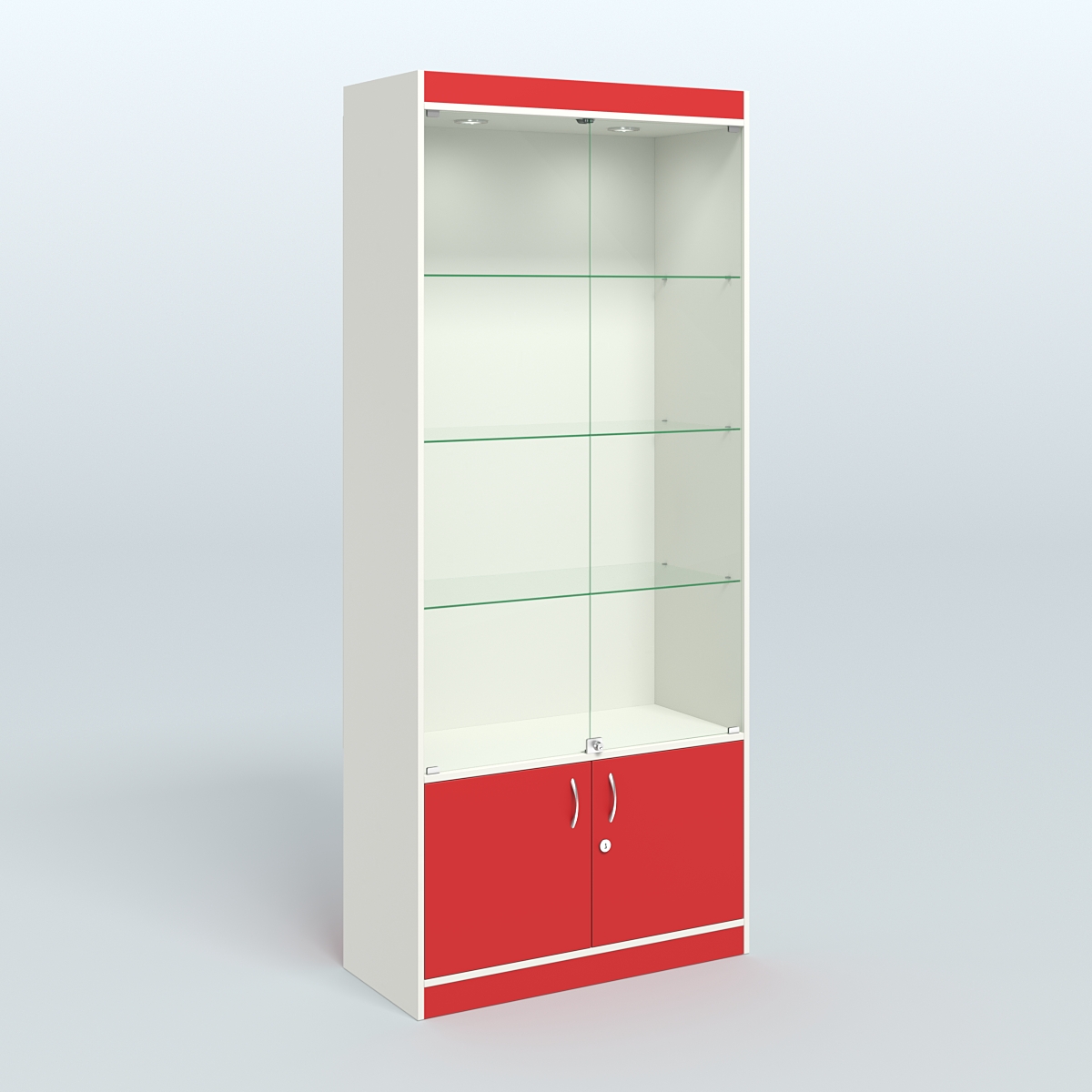 Витрина из ДСП со стеклянными дверками для аптеки №1-400-1 Белый + Красный