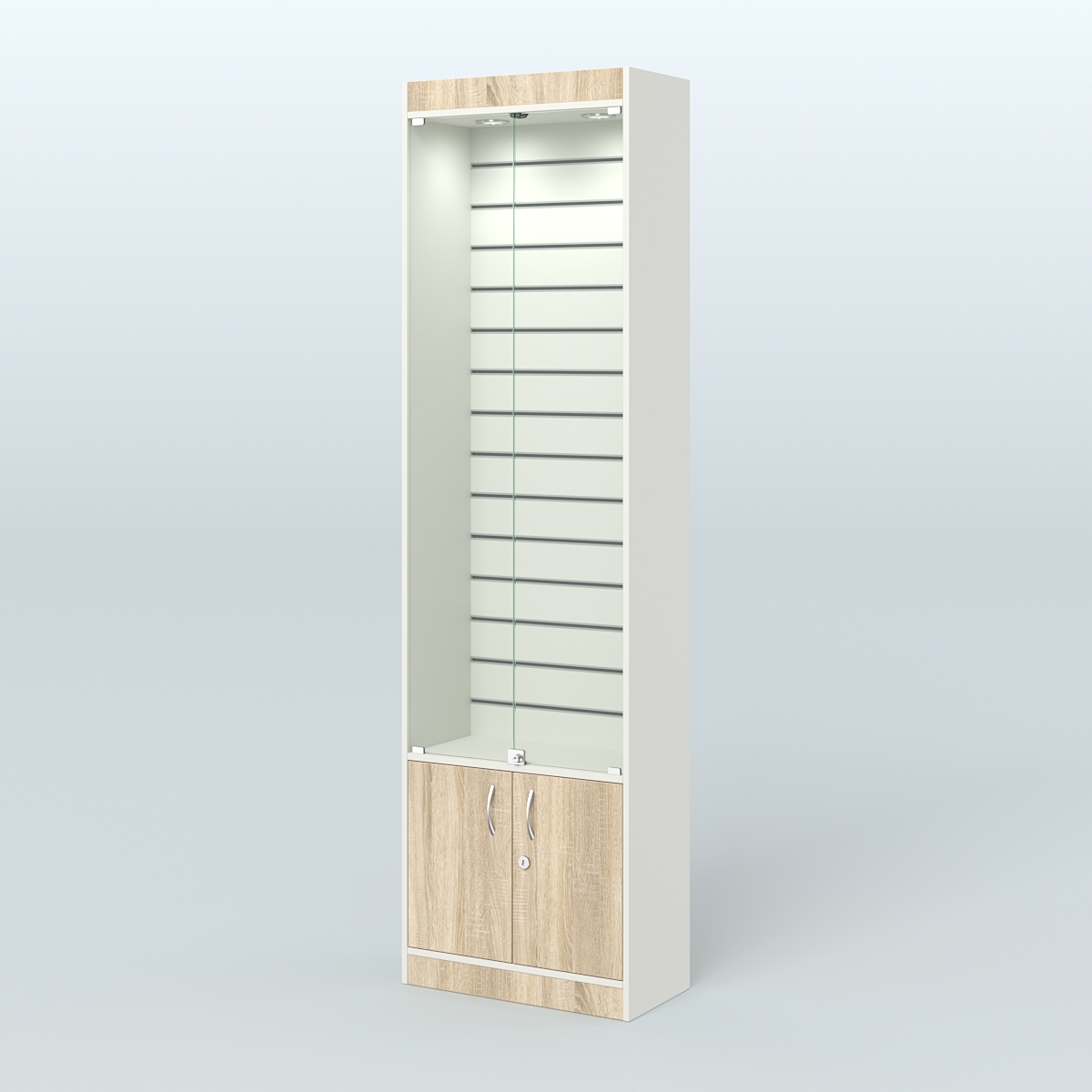 Витрина закрытая из ДСП с экономпанелью для аптеки №2-300-4 Белый + Дуб Сонома