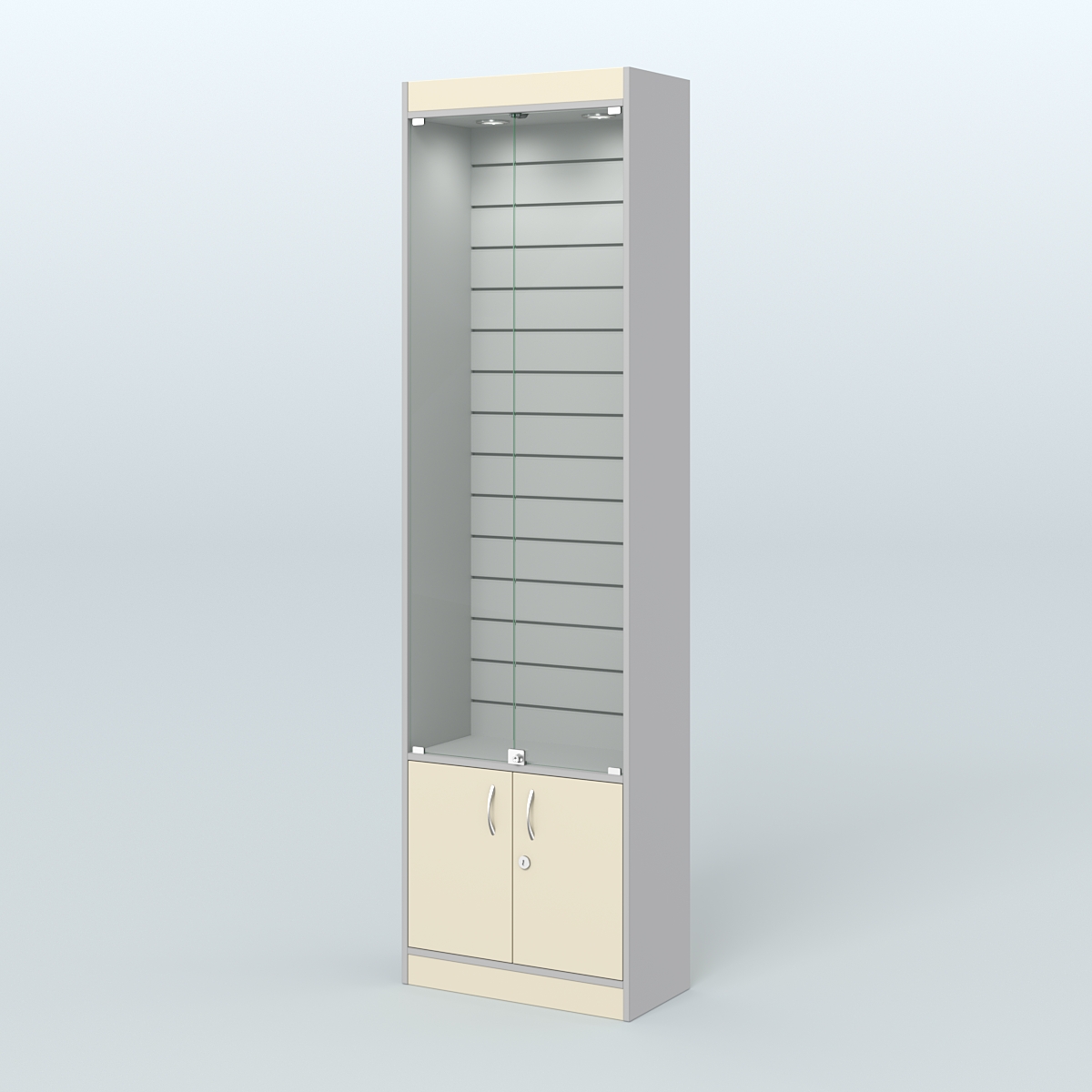 Витрина закрытая из ДСП с экономпанелью для аптеки №2-300-4 Серый + Крем Вайс