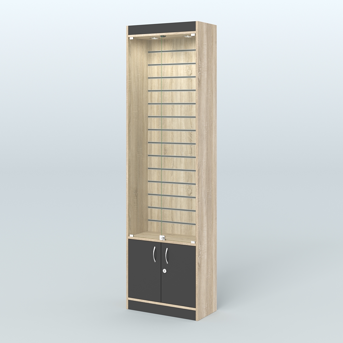 Витрина закрытая из ДСП с экономпанелью для аптеки №2-300-4 Дуб Сонома + Черный