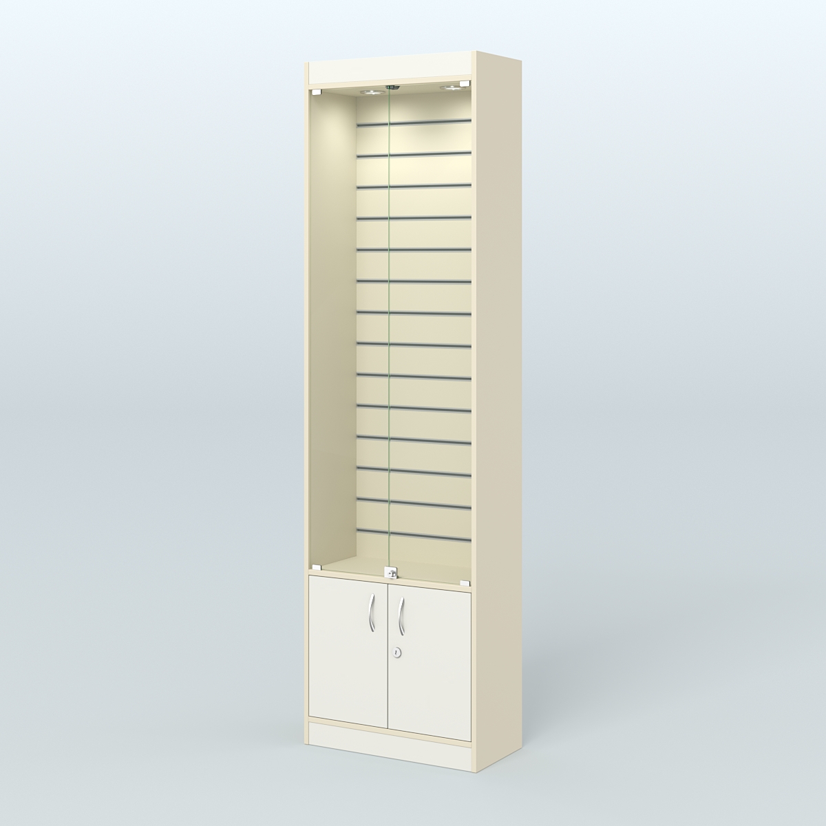 Витрина закрытая из ДСП с экономпанелью для аптеки №2-300-4 Крем Вайс + Белый