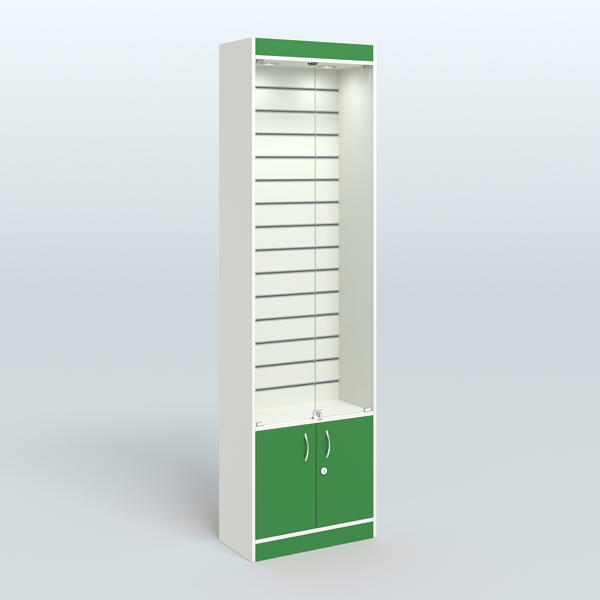 Витрина закрытая из ДСП с экономпанелью для аптеки №2-300-4 Белый + Зеленый Оксид 9561 BS