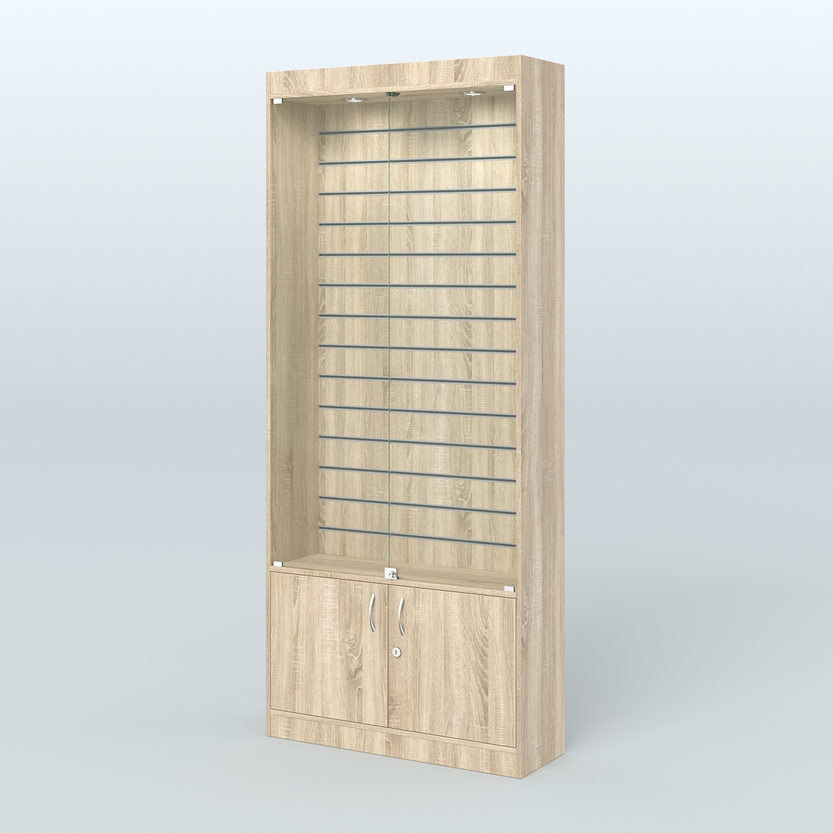 Витрина пристенная из ДСП с экономпанелью для аптеки №1-300-4 Дуб Сонома