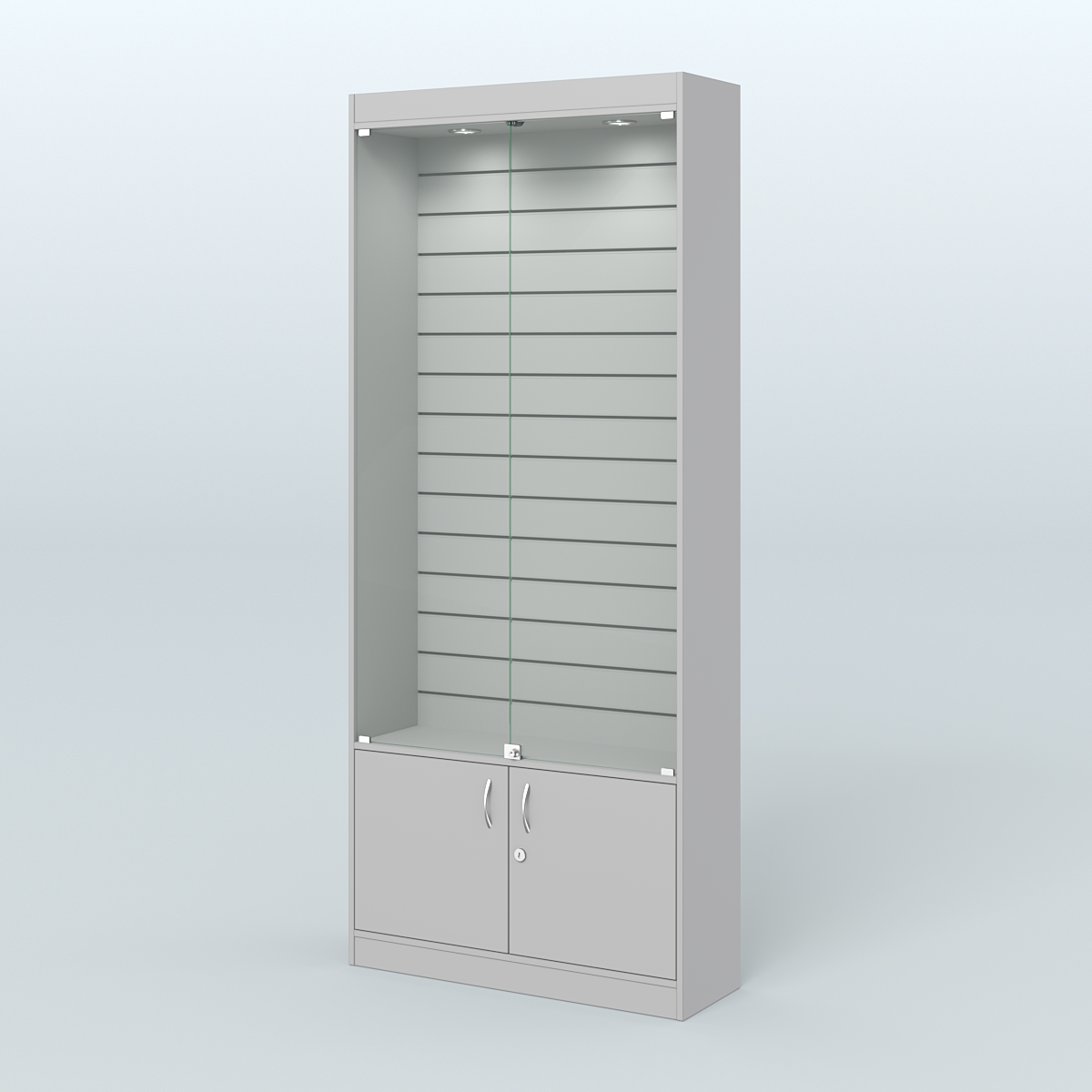 Витрина пристенная из ДСП с экономпанелью для аптеки №1-300-4 Серый