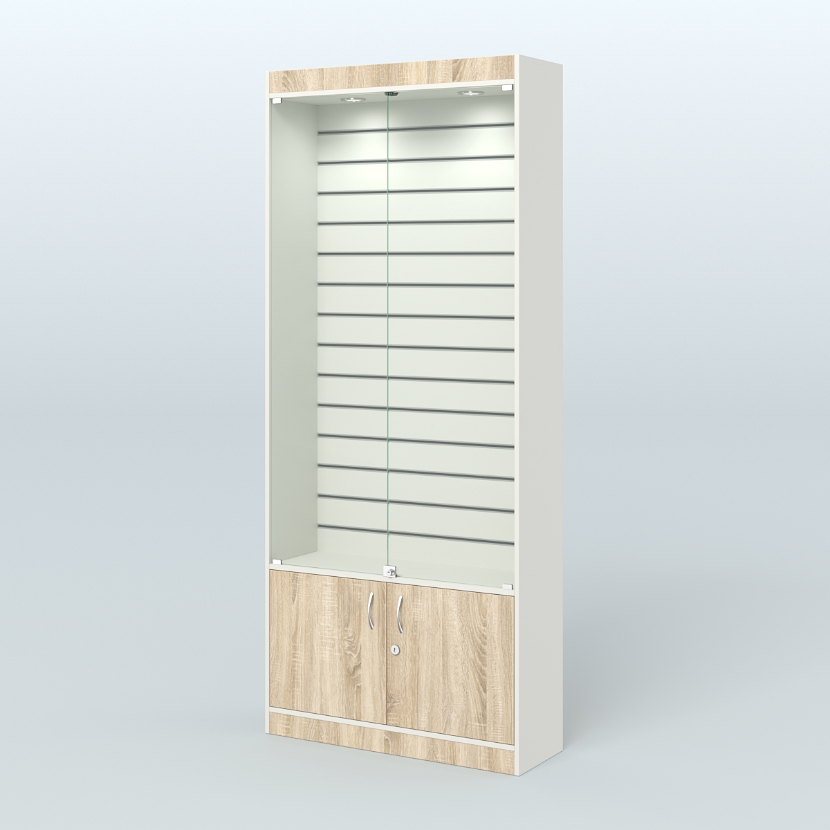 Витрина пристенная из ДСП с экономпанелью для аптеки №1-300-4 Белый + Дуб Сонома