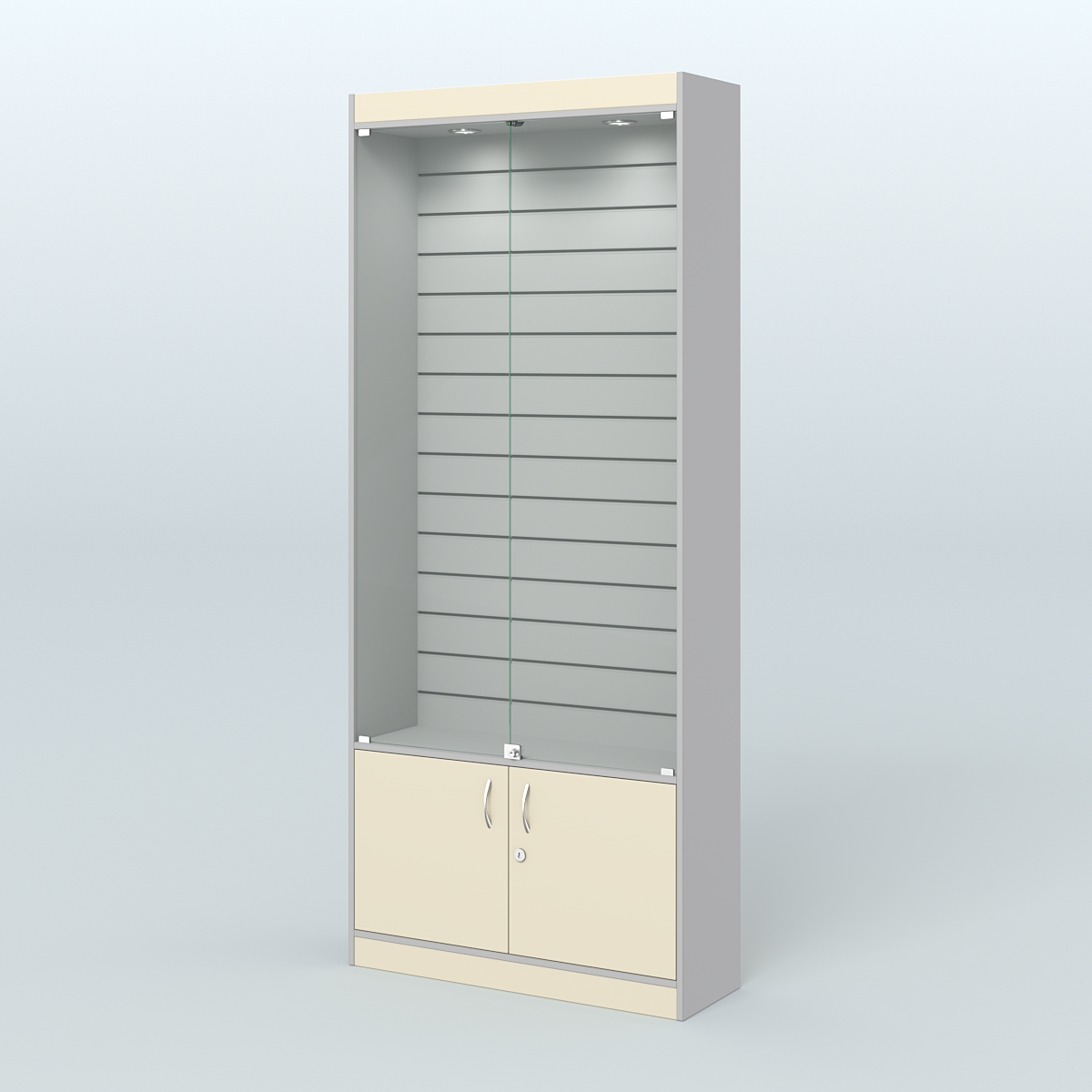 Витрина пристенная из ДСП с экономпанелью для аптеки №1-300-4 Серый + Крем Вайс