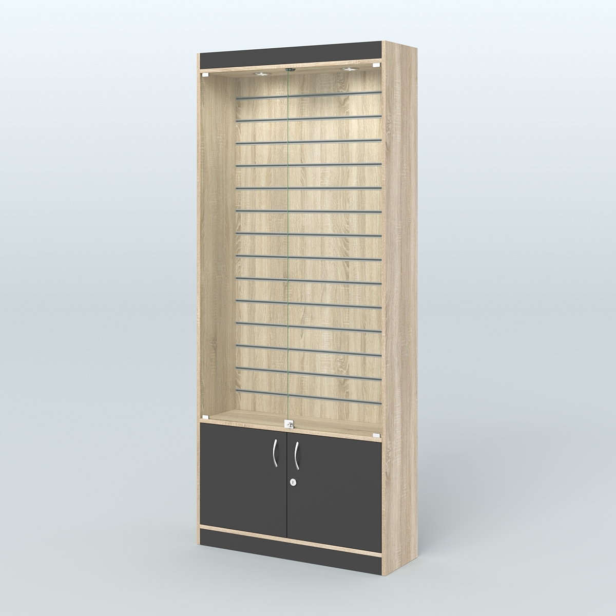 Витрина пристенная из ДСП с экономпанелью для аптеки №1-300-4 Дуб Сонома + Черный