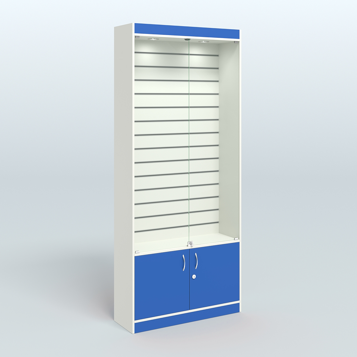 Витрина пристенная из ДСП с экономпанелью для аптеки №1-300-4 Белый + Делфт голубой