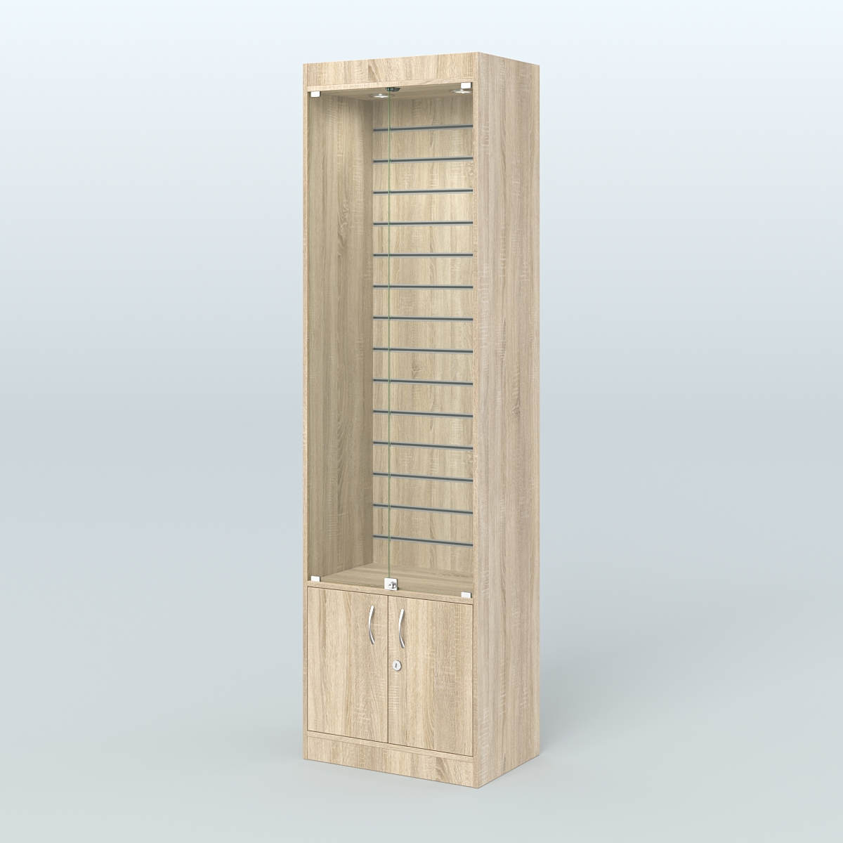 Витрина из ДСП с экономпанелью и дверками для аптеки №2-400-4 Дуб Сонома