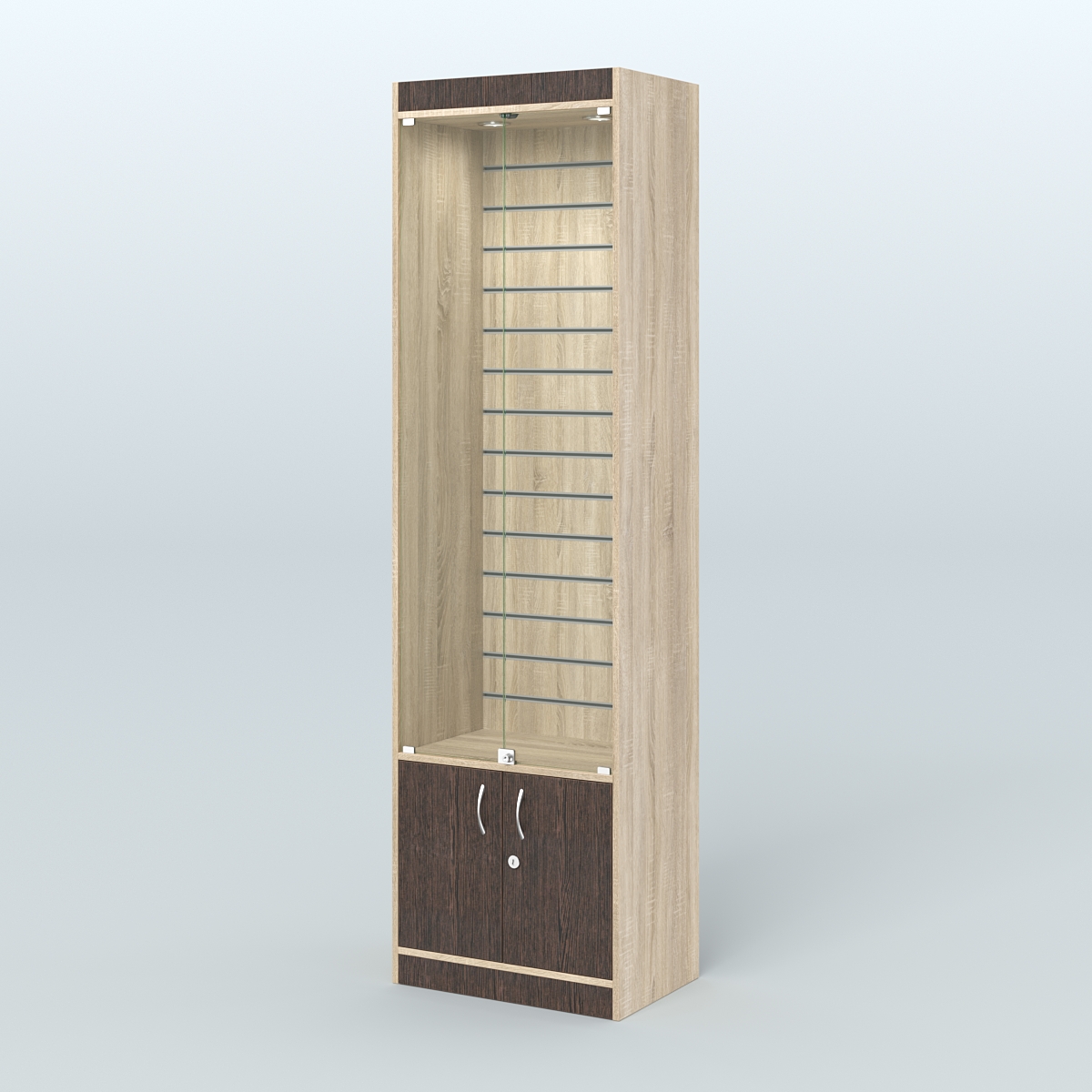 Витрина из ДСП с экономпанелью и дверками для аптеки №2-400-4 Дуб Сонома + Дуб Венге