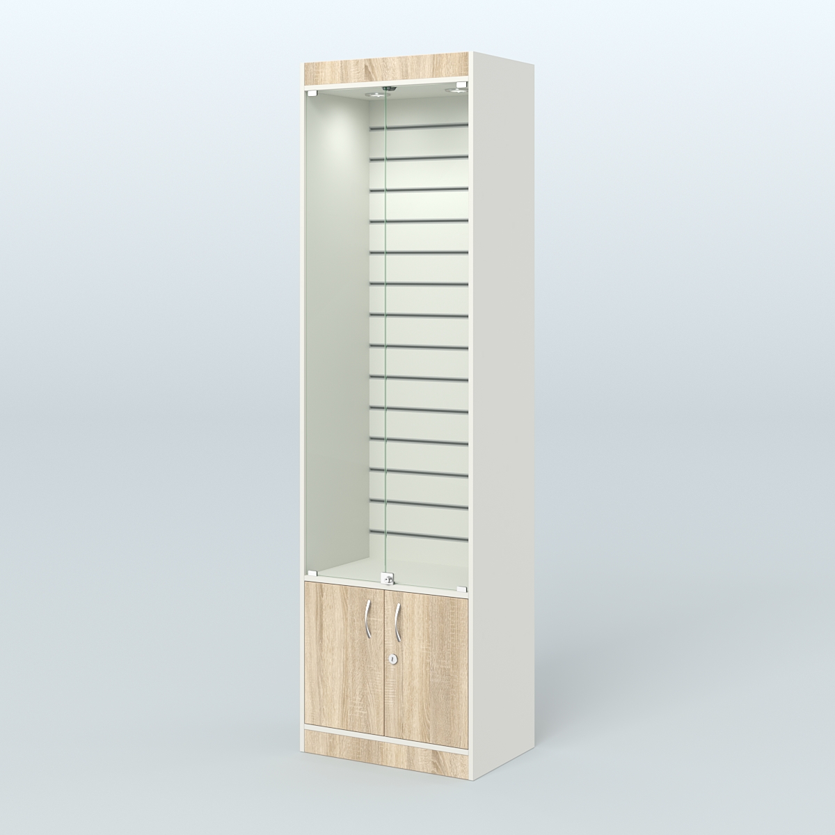 Витрина из ДСП с экономпанелью и дверками для аптеки №2-400-4 Белый + Дуб Сонома