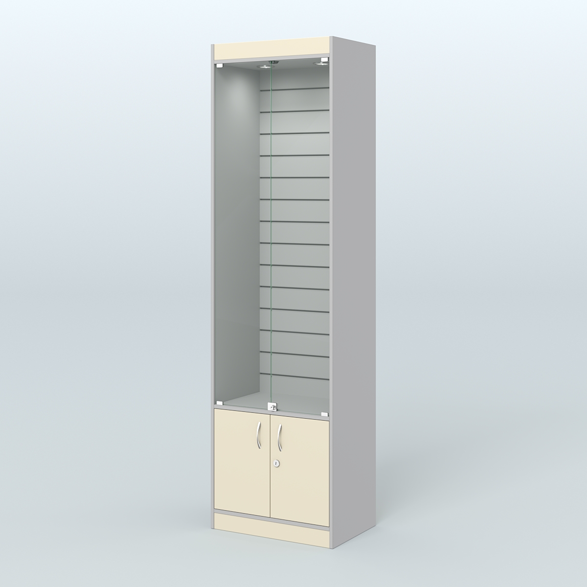 Витрина из ДСП с экономпанелью и дверками для аптеки №2-400-4 Серый + Крем Вайс