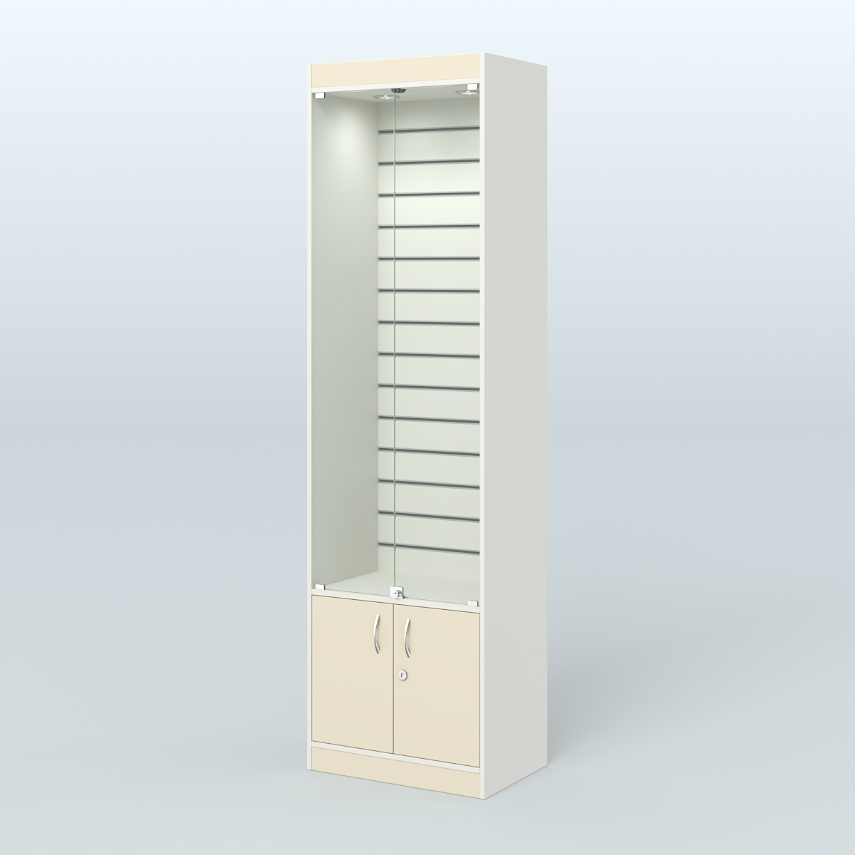 Витрина из ДСП с экономпанелью и дверками для аптеки №2-400-4 Белый + Крем Вайс