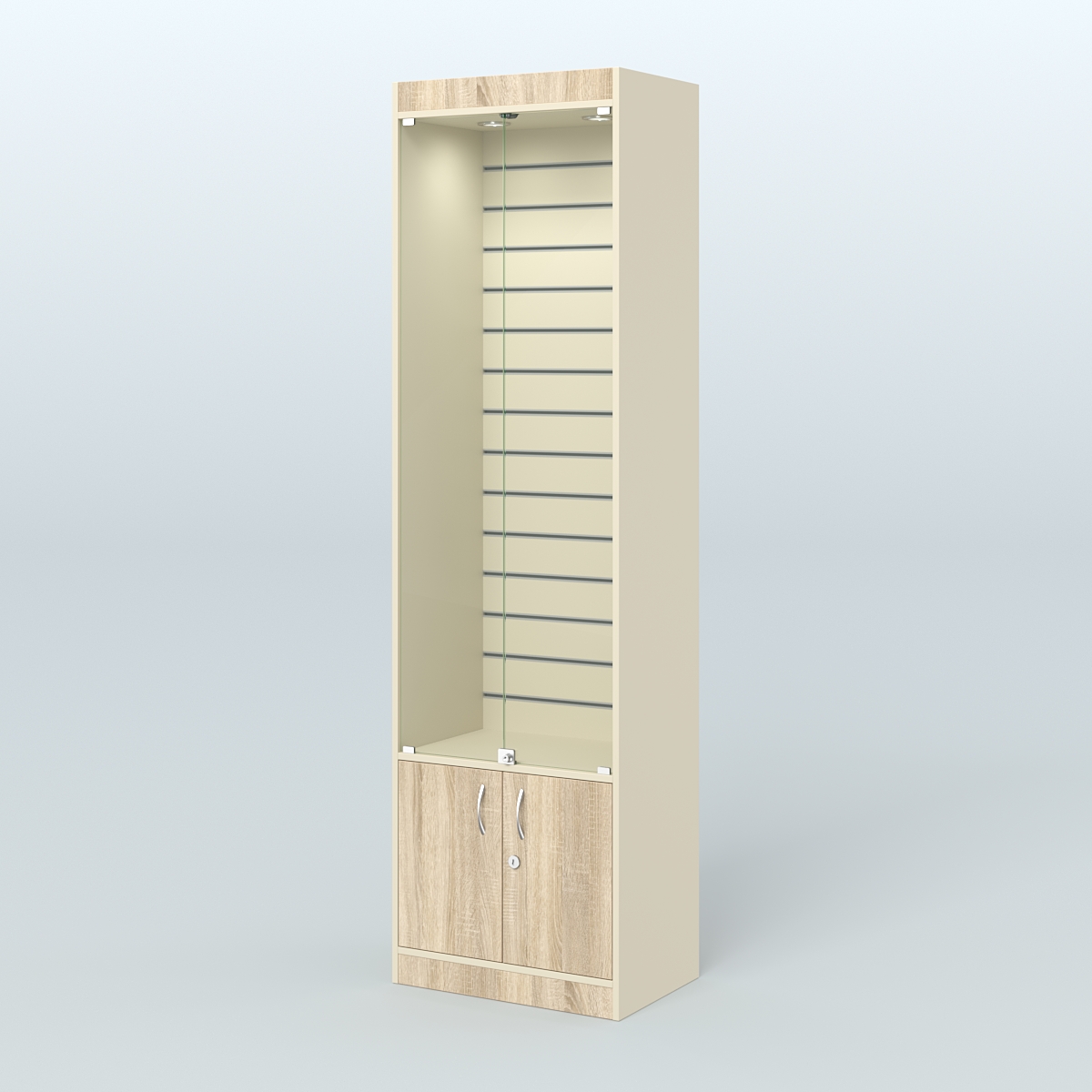 Витрина из ДСП с экономпанелью и дверками для аптеки №2-400-4 Крем Вайс и Дуб Сонома U2236-5