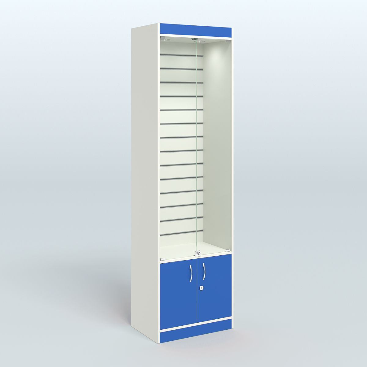 Витрина из ДСП с экономпанелью и дверками для аптеки №2-400-4 Белый + Делфт голубой