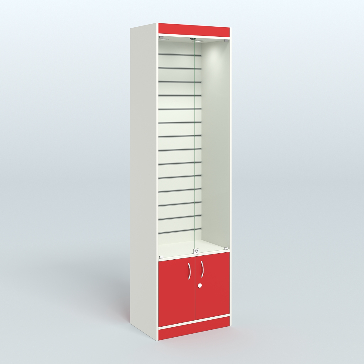 Витрина из ДСП с экономпанелью и дверками для аптеки №2-400-4 Белый + Красный