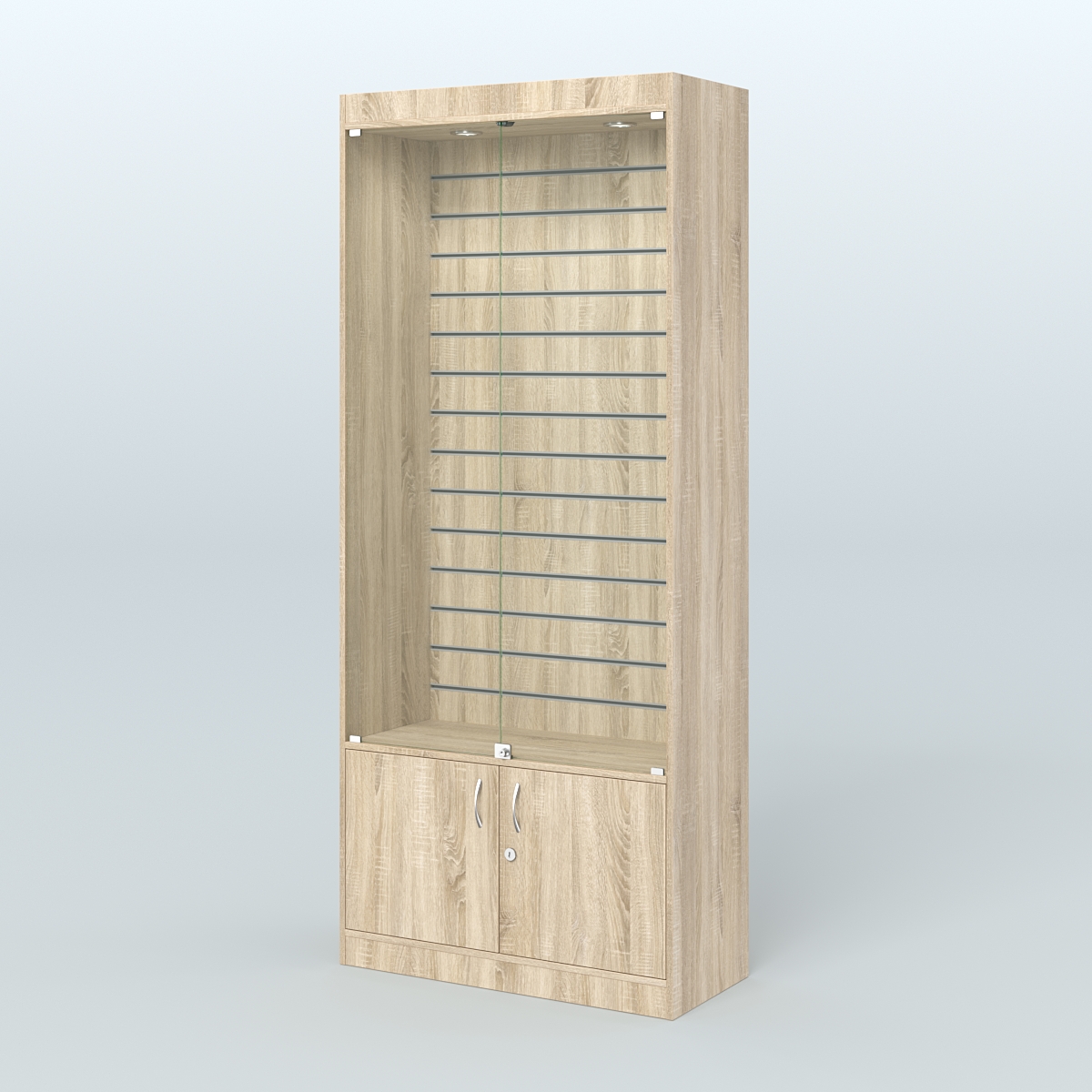 Витрина из ДСП с экономпанелью и верхней подсветкой для аптеки ЭК-1-400-4 Дуб Сонома