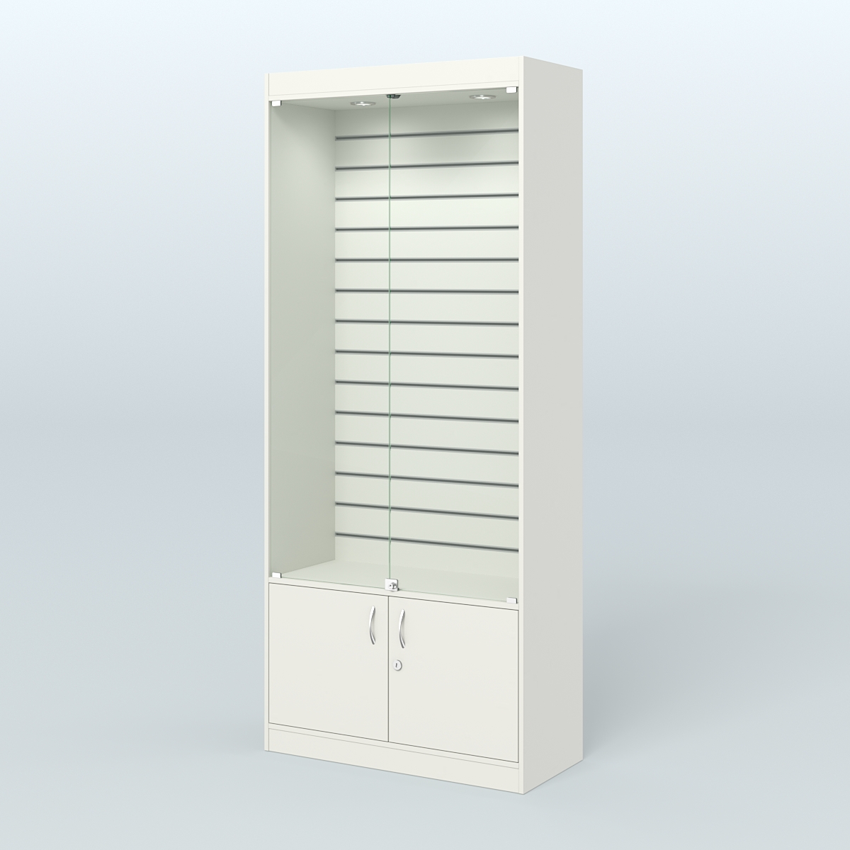 Витрина из ДСП с экономпанелью и верхней подсветкой для аптеки ЭК-1-400-4 Белый