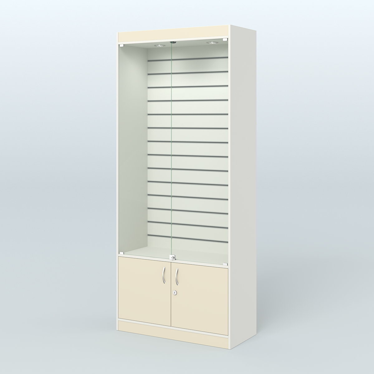 Витрина из ДСП с экономпанелью и верхней подсветкой для аптеки ЭК-1-400-4 Белый + Крем Вайс