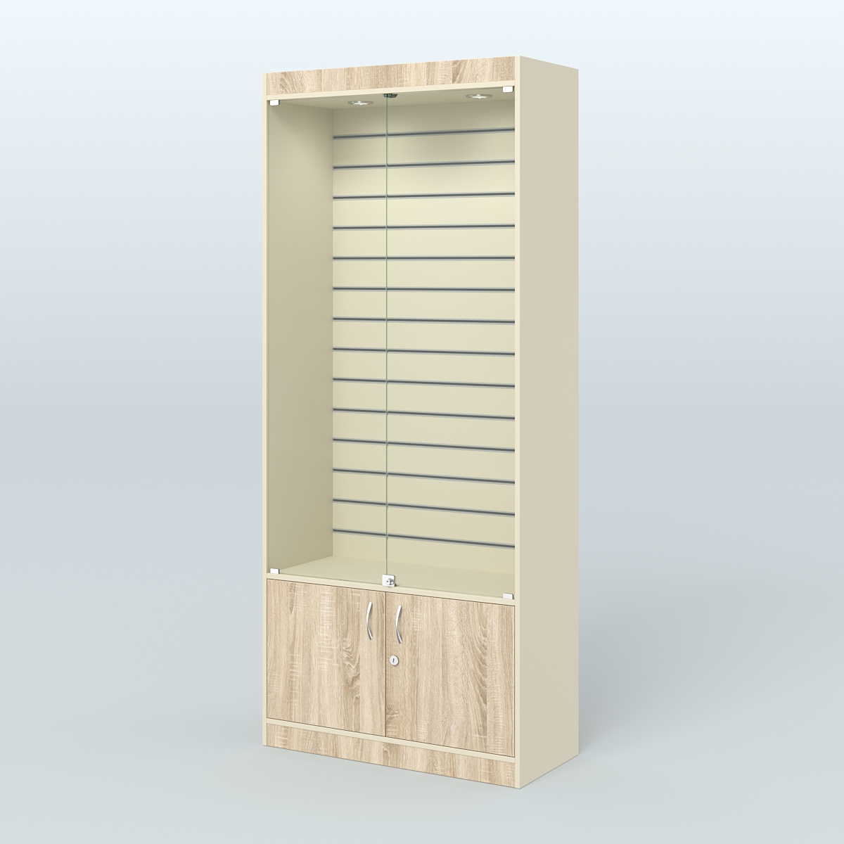 Витрина из ДСП с экономпанелью и верхней подсветкой для аптеки ЭК-1-400-4 Крем Вайс и Дуб Сонома U2236-5