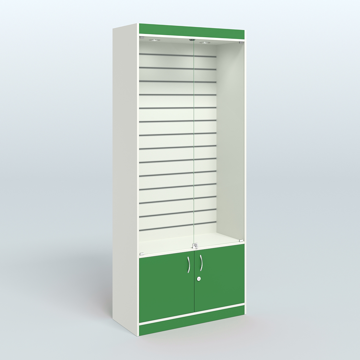 Витрина из ДСП с экономпанелью и верхней подсветкой для аптеки ЭК-1-400-4 Белый + Зеленый Оксид 9561 BS