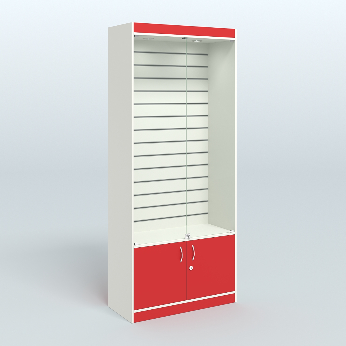 Витрина из ДСП с экономпанелью и верхней подсветкой для аптеки ЭК-1-400-4 Белый + Красный