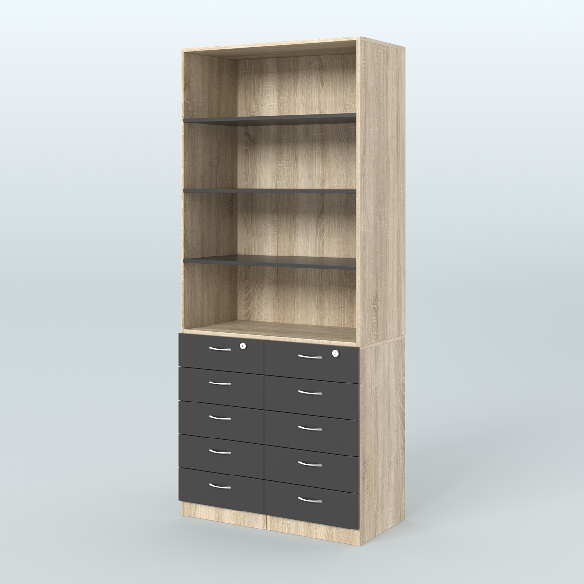 Шкаф для аптек с 10-ю ящиками и тремя полками ДСП №6-А Дуб Сонома + Черный