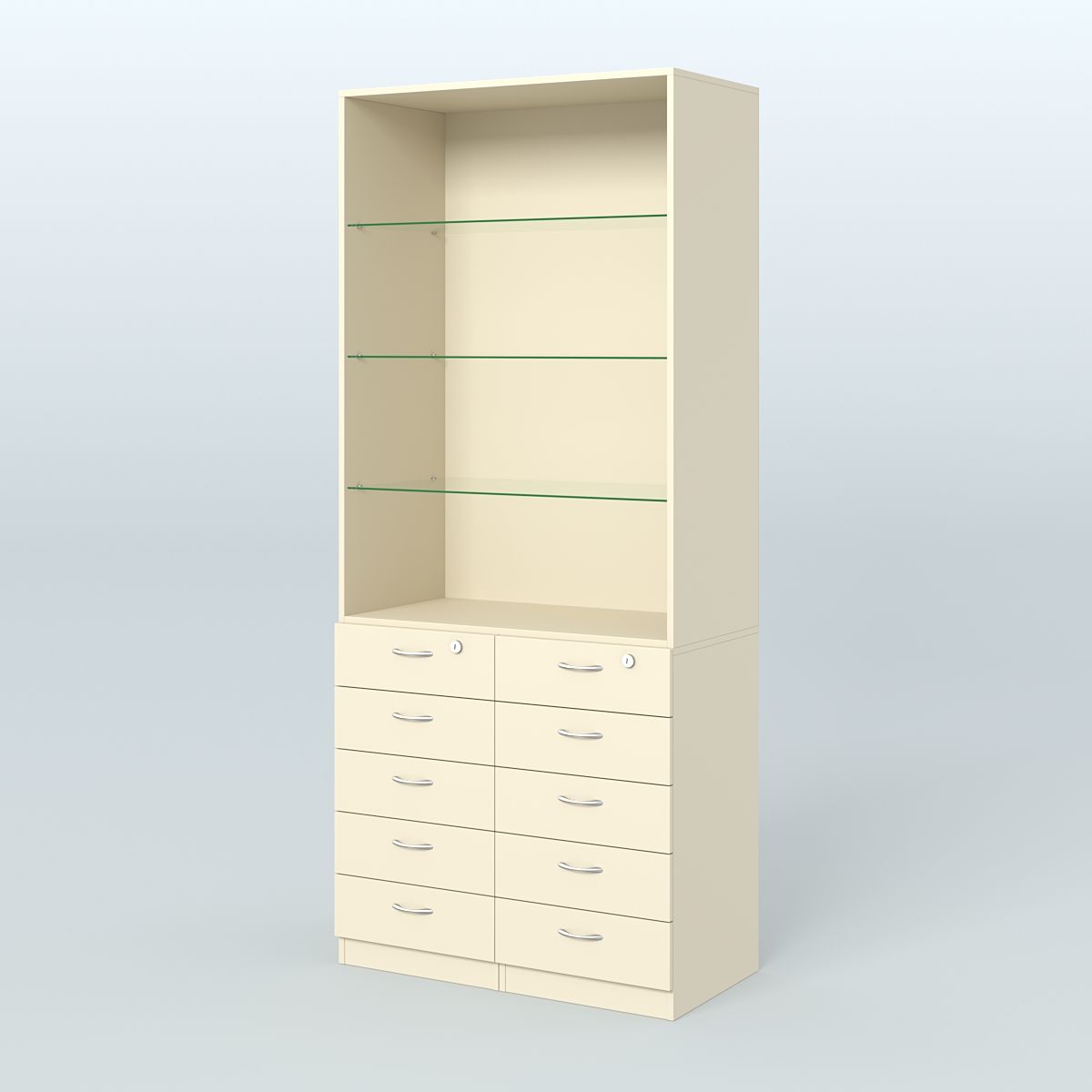 Шкаф для аптек с 10-ю ящиками и тремя стеклянными полками №6-Б Крем Вайс