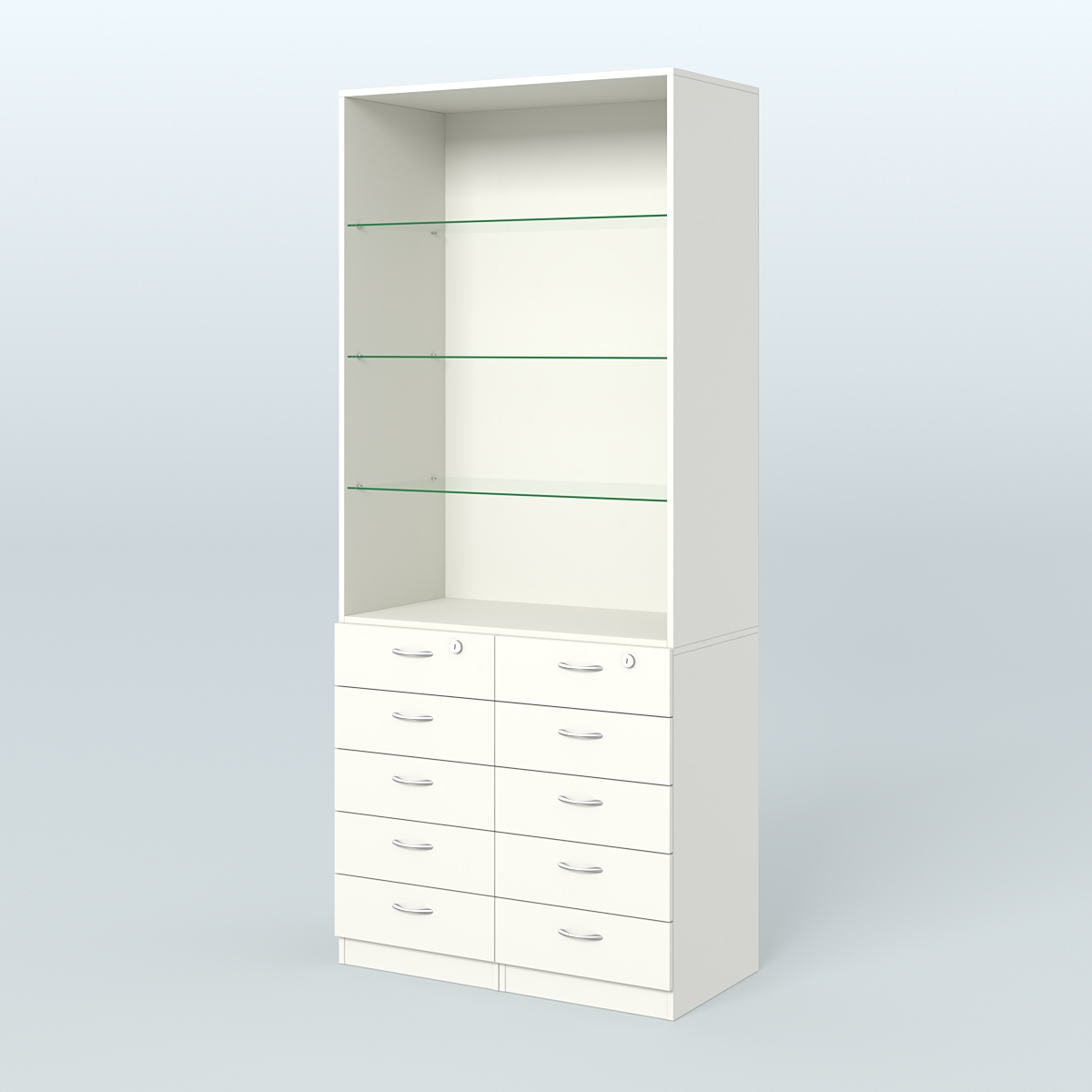 Шкаф для аптек с 10-ю ящиками и тремя стеклянными полками №6-Б Белый