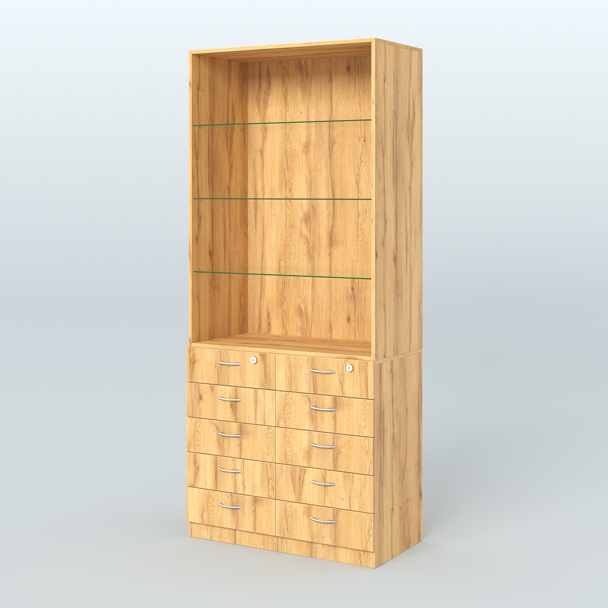 Шкаф для аптек с 10-ю ящиками и тремя стеклянными полками №6-Б Дуб Золотистый