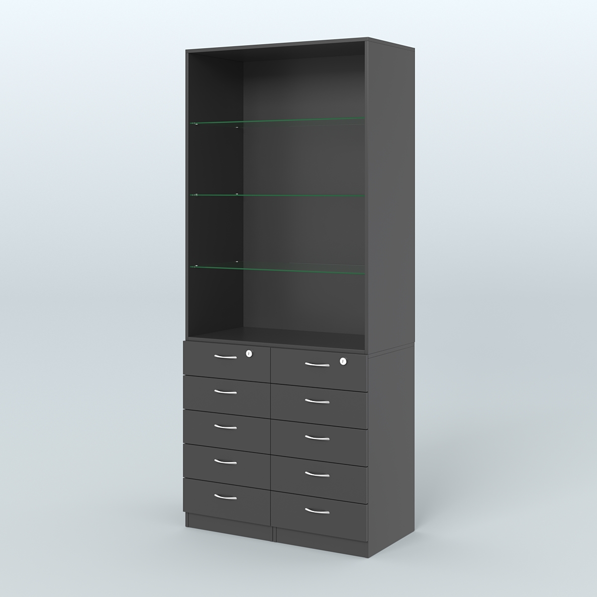 Шкаф для аптек с 10-ю ящиками и тремя стеклянными полками №6-Б Черный