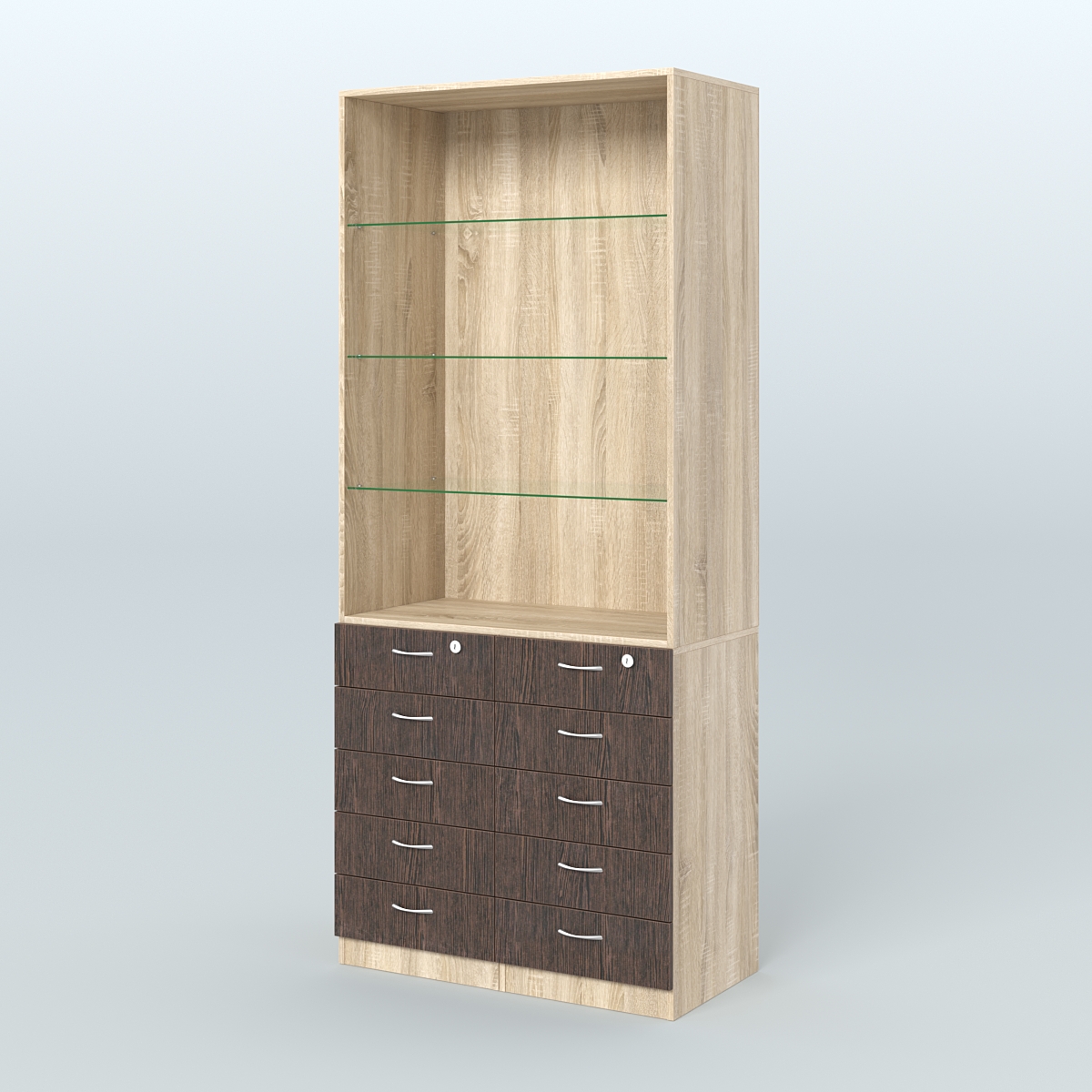 Шкаф для аптек с 10-ю ящиками и тремя стеклянными полками №6-Б Дуб Сонома + Дуб Венге
