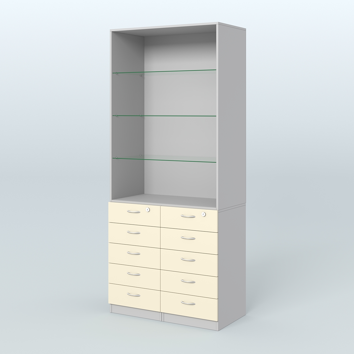 Шкаф для аптек с 10-ю ящиками и тремя стеклянными полками №6-Б Серый + Крем Вайс