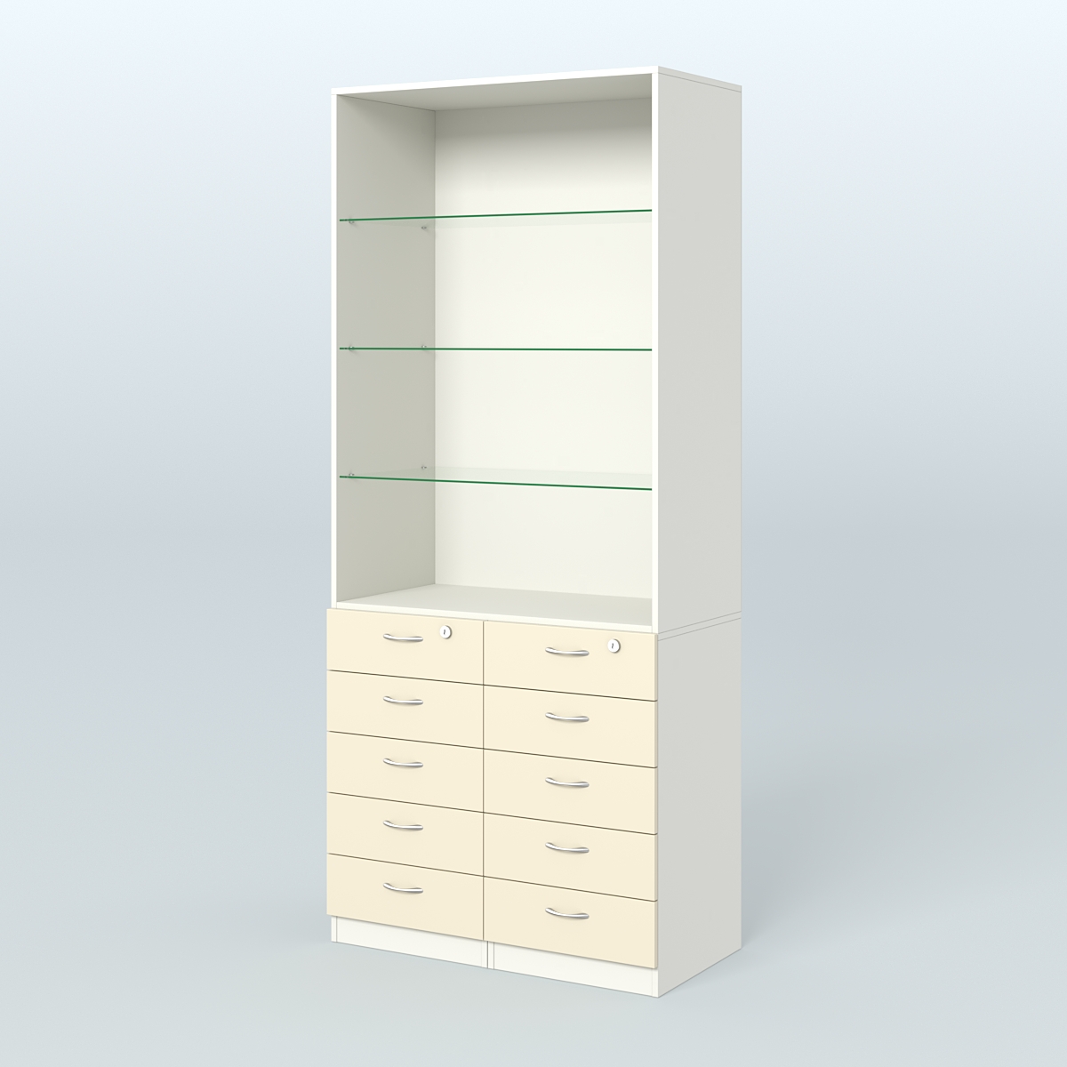 Шкаф для аптек с 10-ю ящиками и тремя стеклянными полками №6-Б Белый + Крем Вайс